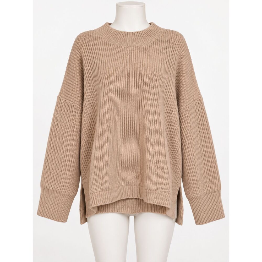 Women’s Chunky Knit Oversized Sweater Size L Cream Tan Mock Neck NWOT